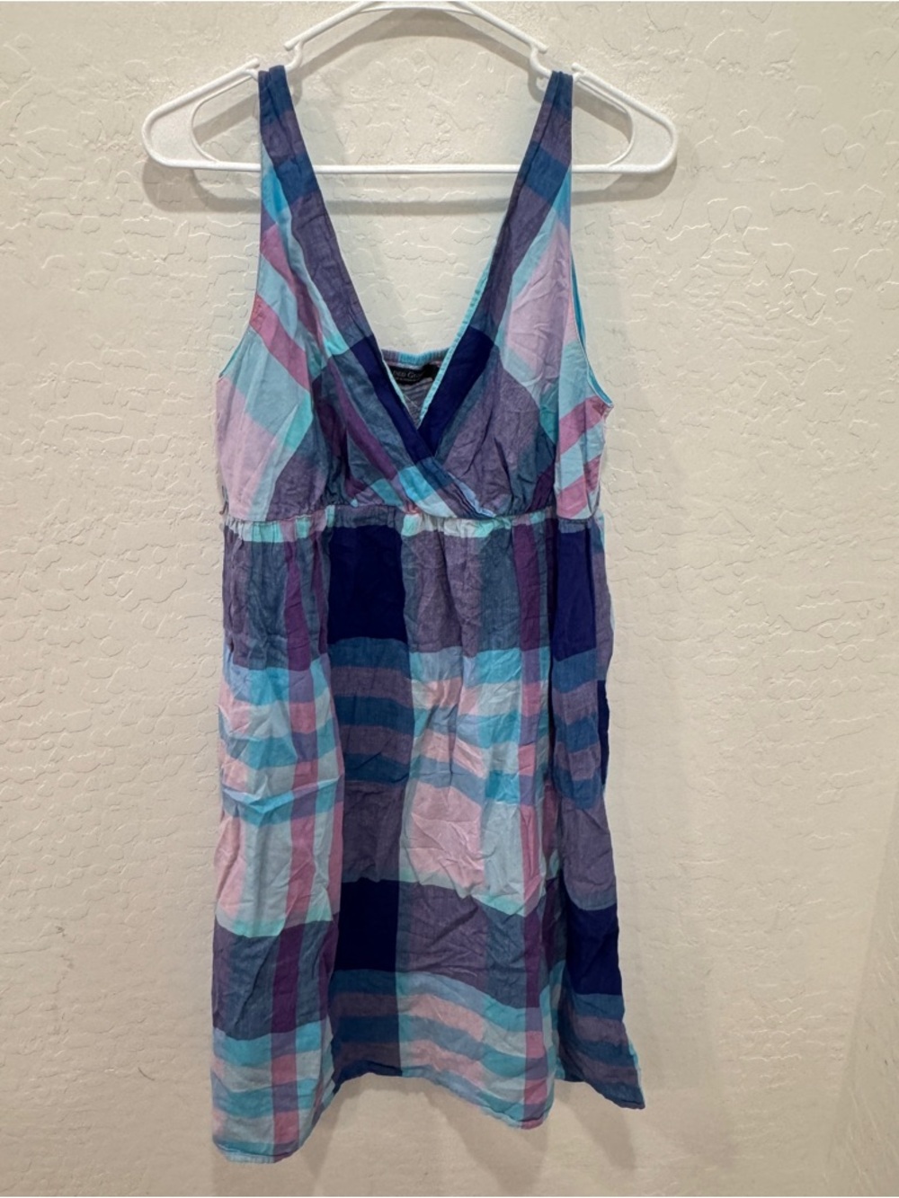 Y2K Faded Glory Mini Dress Blue Purple Plaid Womens 14 V-neck Vintage Spring
